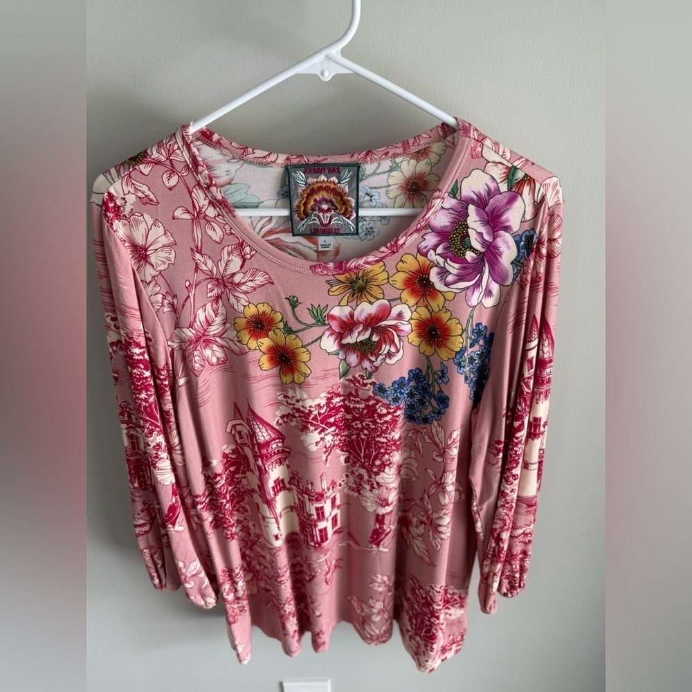 Johnny Was House on the Hill Puff Long Sleeve Top - Pink Floral - Size Large - Picture 8 of 12
